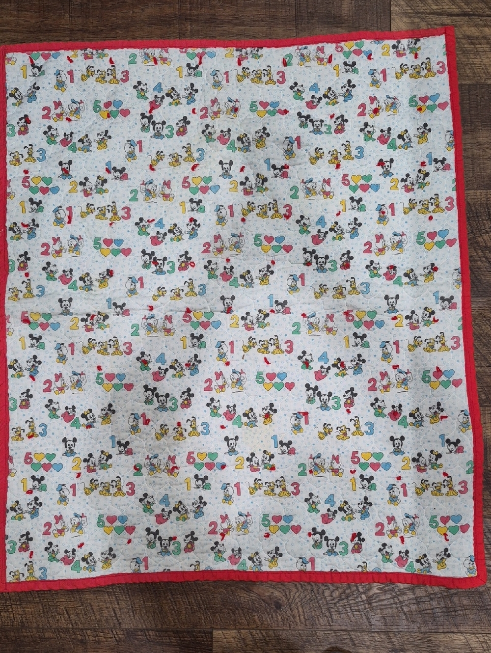 Vintage Handmade Disney Mickey Mouse Baby Blanket Hand Tied Quilt With Redwork